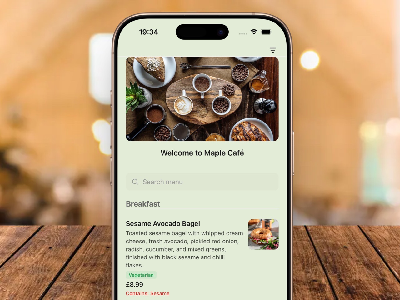 iPhone showing Candour digital menu with food items, prices, and allergen labels
